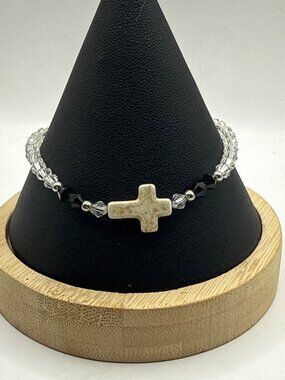 Boho Beaded Cross Bracelet Black & Clear Crystal Spiritual Minimalist Unisex Y2K